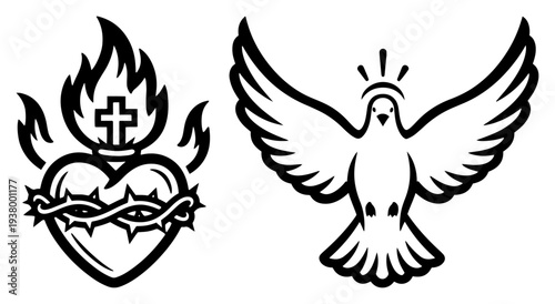 Sacred heart and holy spirit dove religious symbols in black and white vector style