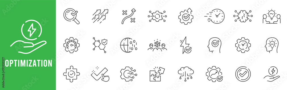 Fototapeta premium Optimization line icons for efficiency, performance, workflow automation, analytics, energy savings, configuration settings, target goals, editable stroke outline set modern.