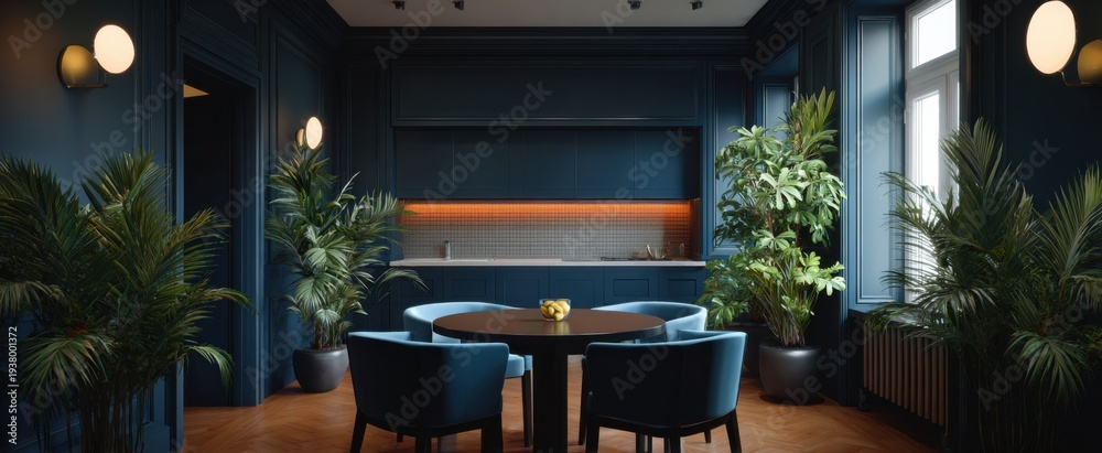 Fototapeta premium dining area interior design featuring navy blue walls and a kitchen layout in 3D render
