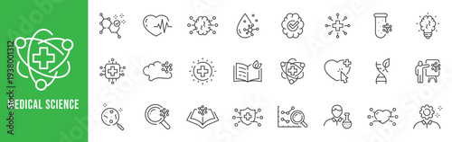 Medical science outline icons featuring laboratory research, DNA, molecules, test tubes, heart ECG, microchip security, analytics charts, editable stroke set.