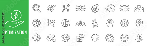 Optimization line icons for efficiency, performance, workflow automation, analytics, energy savings, configuration settings, target goals, editable stroke outline set modern.