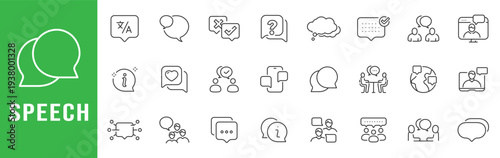 Speech outline icons for chat, translation, messaging, meeting, support, questions, feedback, webinar communication bubbles, editable stroke line vector set modern.