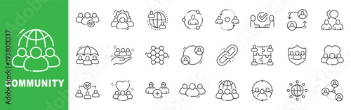 Community networking outline icon set with people groups, global connections, teamwork collaboration, support, chat, verified trust symbols, editable stroke.