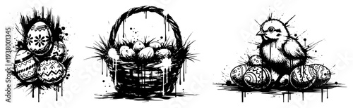 Wicker easter basket with eggs and little chick in grunge ink style