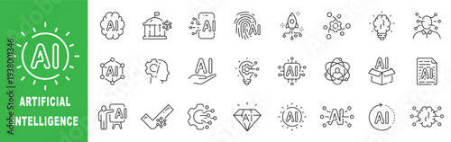 Artificial intelligence outline icon set featuring AI brain, neural networks, microchip, chatbot, analytics, cloud computing, editable stroke vector design technology