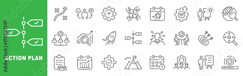 Action plan outline icon set for strategy roadmap, checklist timeline, KPI analytics, teamwork planning, progress tracking, editable stroke icons workflow.