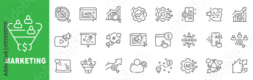 Marketing advertising outline icon set featuring ads, analytics, targeting, social media, growth strategy, conversion funnel, and editable stroke line icons.