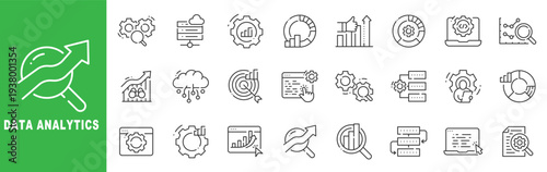 Data analytics outline icon set for dashboards, KPI metrics, reporting, automation, optimization, cloud workflow, performance charts, editable stroke business insights