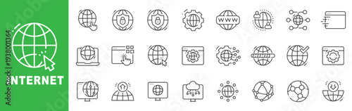 Internet icon set featuring global network, cybersecurity, cloud computing, data transfer, web hosting, outline line icons with editable stroke vector.
