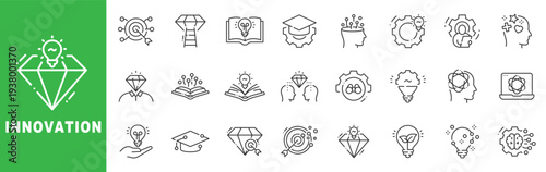 Innovation icon set featuring creativity, startup launch, artificial intelligence, education, strategy, teamwork, premium ideas, outline line icons with editable stroke vector.