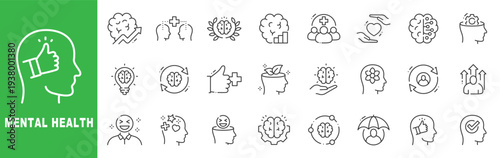 Mental health icon set featuring psychology, therapy, brain growth, emotional support, mindfulness, outline line icons with editable stroke vector.