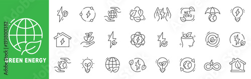 Green energy icon set featuring renewable electricity, net zero carbon, recycling, smart grid, solar, wind power, outline line icons, editable stroke vector.