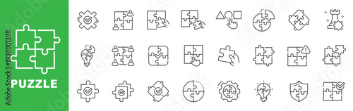 Puzzle icon set featuring jigsaw pieces, problem solving, teamwork collaboration, business strategy concepts, outline line icons with editable stroke vector.