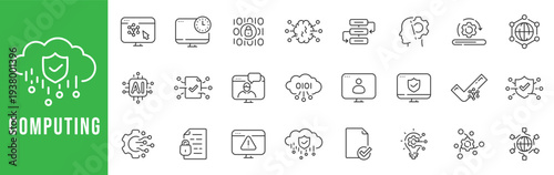 Computing cloud cybersecurity icon set with AI analytics, encryption, secure access, database, network protection, editable stroke outline line style modern.