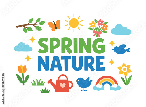 Spring Nature illustration with colorful elements and text