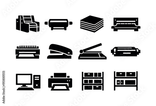 Collection of office equipment icons including printer, computer, stapler, and storage shelves