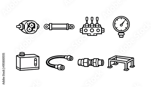 Collection of hydraulic system components and parts in a clean line art style
