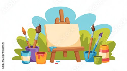 Colorful artist's workspace with blank canvas paintbrushes and paint jars on a wooden easel outdoors