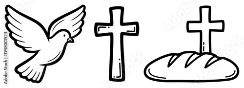 Religious icons set with a dove a cross and a loaf of bread in a minimal line art style