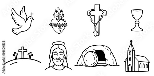 Collection of Christian religious icons and symbols in simple black line art style