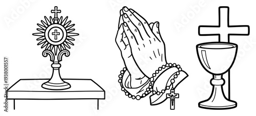 Catholic religious symbols including praying hands with rosary and monstrance for holy communion