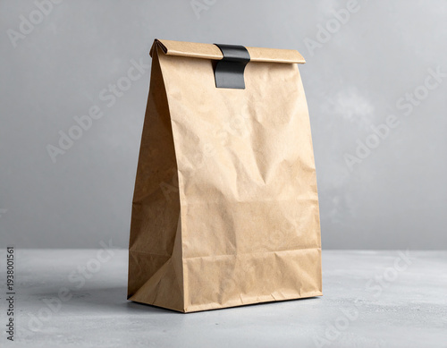 Simple Brown Paper Bag with Black Clip on Textured Surface