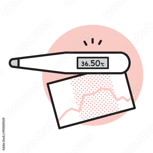 シンプル　イラスト　基礎体温計と基礎体温グラフ 妊活の体温管理イメージ ベクターイラスト