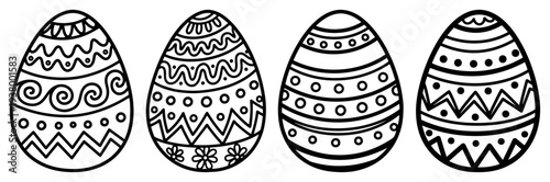 Set of four decorated Easter eggs with various patterns in black and white line art