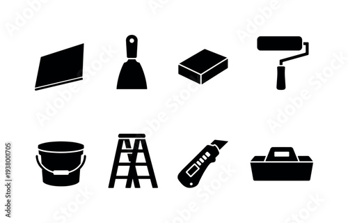 Collection of black silhouette icons representing various home renovation and DIY tools