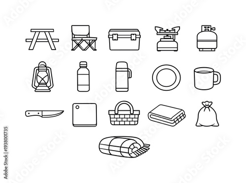 Collection of camping and picnic icons for outdoor activities and travel