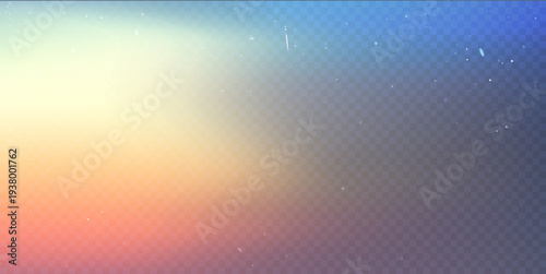 Rainbow film leak effect on transparent bg with noise, grain, scratches. Sunset color gradient camera with photo light, iridescent prism and glare overlay, vector illustration.