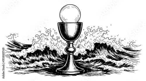 Holy communion chalice and eucharist host standing amidst ocean waves