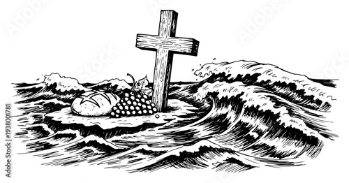 Vintage hand drawn illustration of wooden cross with bread and grapes on island surrounded by stormy sea