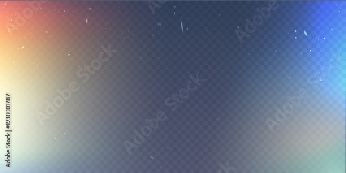 Rainbow film leak effect on transparent bg with noise, grain, scratches. Sunset color gradient camera with photo light, iridescent prism and glare overlay, vector illustration.