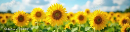 Vibrant, sunny yellow sunflowers in full bloom, swaying gently in a summer field A breathtaking display of nature's beauty Perfect for summer, nature, and agriculture themes , sunflowers, plant