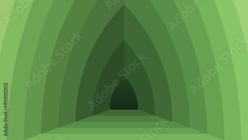 An abstract vector illustration featuring a vibrant green landscape with rolling hills, lush grass, and stylized leaves under a bright summer sun and blue sky