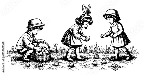 Children collecting Easter eggs in garden black and white vintage engraving illustration