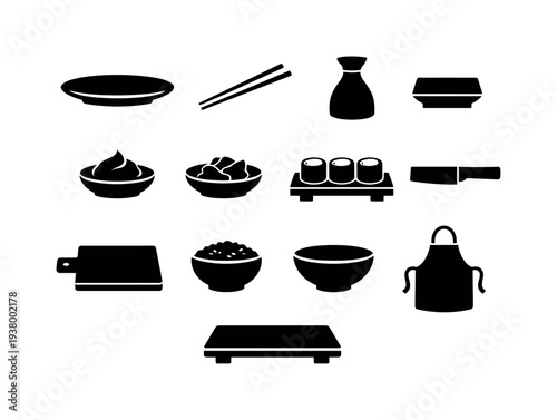 Collection of Japanese food and cooking icons, including sushi, rice, and kitchenware
