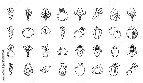 Healthy food and garden vegetables linear icon collection editable stroke vector