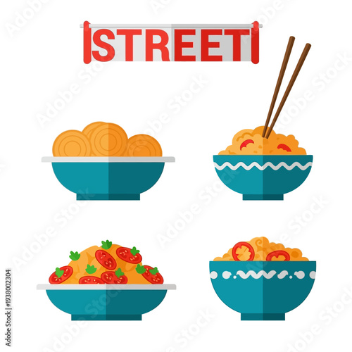 Four bowls of delicious Asian street food, including noodles and rice dishes, served with chopsticks.