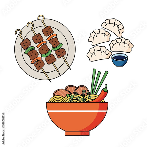 A vibrant illustration showcasing a variety of delicious Asian-inspired dishes, including skewers, dumplings, and a steaming bowl of noodles.