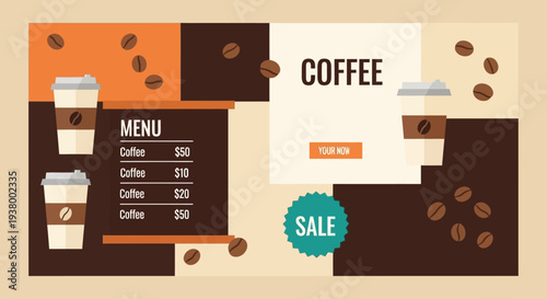 A visually appealing coffee shop menu board with coffee cups, beans, and a sale announcement.