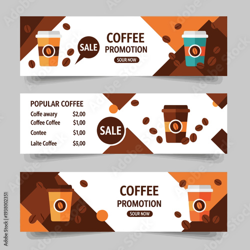 Three horizontal banners advertising coffee promotions and popular coffee options with prices, featuring coffee cups and beans.