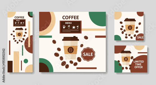 A collection of coffee-themed graphic design templates featuring cups, beans, and sale promotions.