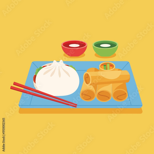 A delightful illustration of a steaming bao bun and crispy spring rolls served with dipping sauces and chopsticks on a blue plate.