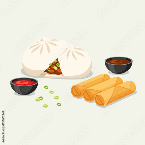 A delicious assortment of Asian-inspired appetizers, featuring steamed buns, crispy spring rolls, and dipping sauces.