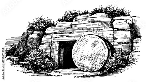 Detailed vintage engraving of the empty tomb of Jesus Christ representing resurrection