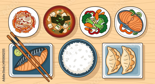 A top-down view of a delicious and healthy Japanese meal laid out on a wooden table, featuring various dishes and chopsticks.