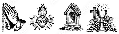 Religious christian symbols featuring praying hands sacred heart wayside shrine and chalice
