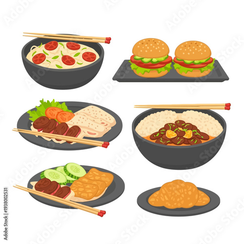A collection of diverse food dishes, including noodles, burgers, rice bowls, and pastries, presented in a visually appealing arrangement.